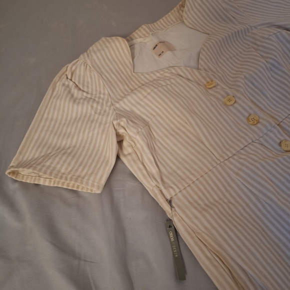 Striped Cotton Jumpsuit Sweetheart Neckline Tie Waist White Grey US12 - US14 - Picture 3 of 11